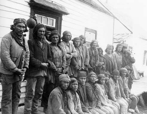  traders gathered Naskapi traders outside the Hudson's Bay Company post in Davis Inlet, August 1903