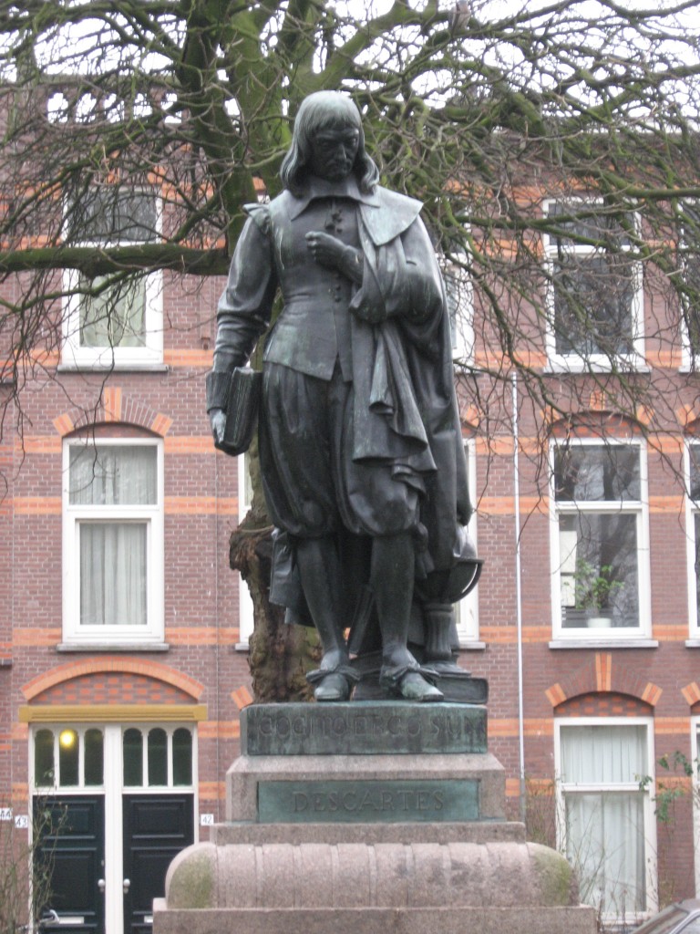 A statue of René Descartes in Den Haag, Netherlands.  I once sat below it, eating a lunch of Patatje Joppie (fries with Joppiesaus) and pickled herring.  