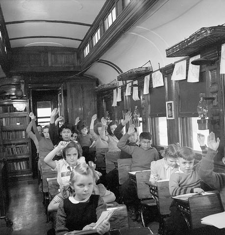 1950, somewhere in Northern Ontario. A typical northern improvisation: the Schoolroom On Rails.