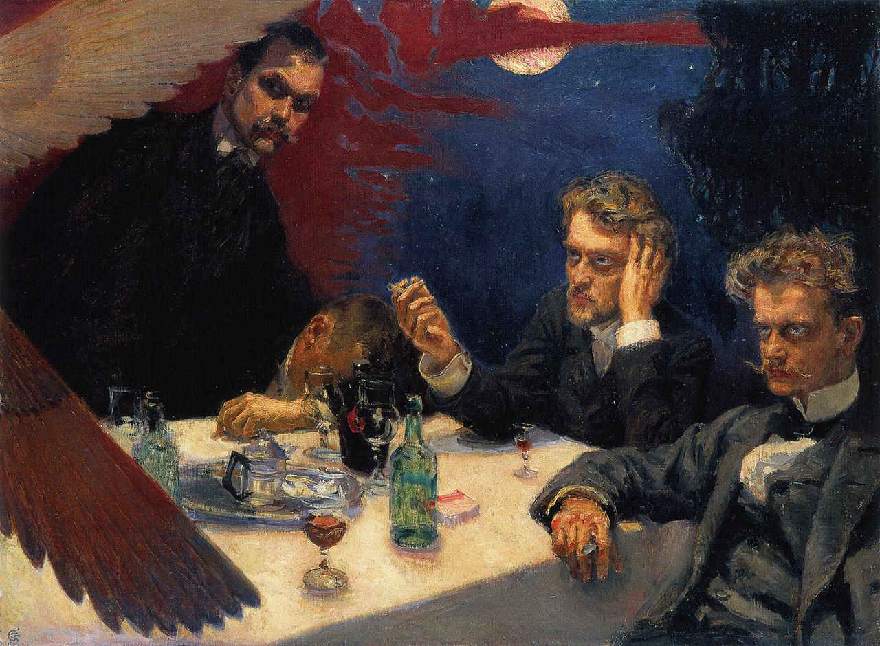 Akseli Gallen-Kallela's painting Symposium made in 1894. Symphony #1 was completed in 1899. From left: Akseli Gallen-Kallela, Oskar Merikanto, Robert Kajanus and Jean Sibelius. Kajanus would conduct the symphony.