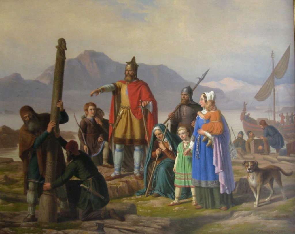 Ingólfr Arnarson founds the first settlement at Reykjavík in 874 A.D., laying the groundwork for jammið and the Icelandic music scene. An 1850 painting of dubious historical accuracy by Johan Peter Raadsig. 