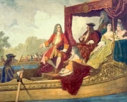 Handel (center left) on the Thames with King George and entourage.